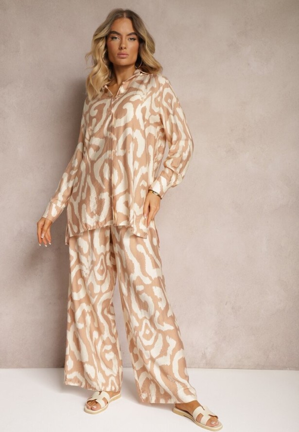 Beżowy Wiskozowy Komplet 2-Częściowy Luźna Koszula Spodnie z Gumką i Szerokimi Nogawkami Melvima