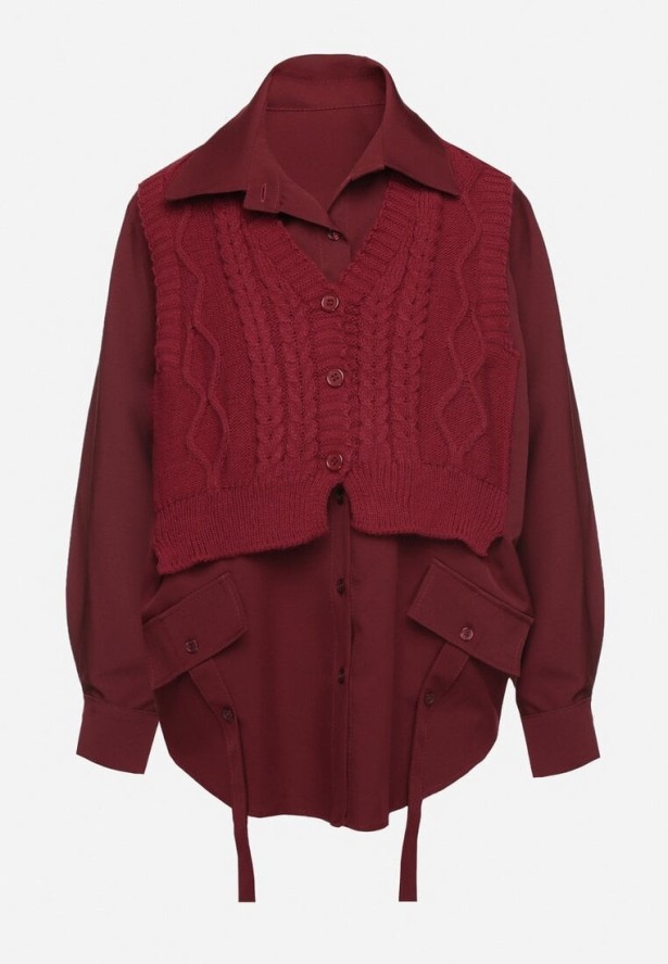 Bordowa Koszula o Nietoperzowym Kroju z Naszytą Dzianinową Kamizelką Hanorielin