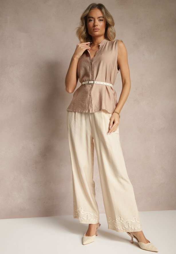 Jasnobeżowe Wiskozowe Spodnie o Szerokim Kroju z Lnem i Przeszyciami Fenelira