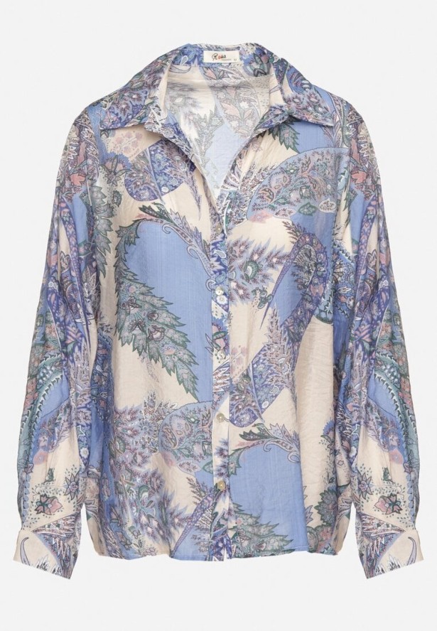 Niebieska Klasyczna Koszula z Wiskozą w Ornamentalny Wzór Aranisea