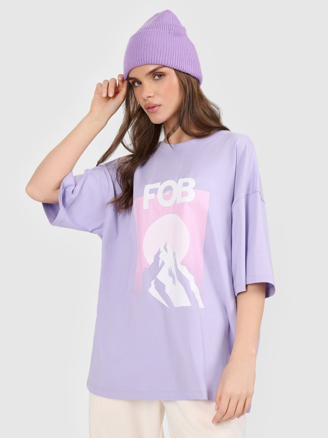 4F T-shirt loose z nadrukiem damski - fioletowy S