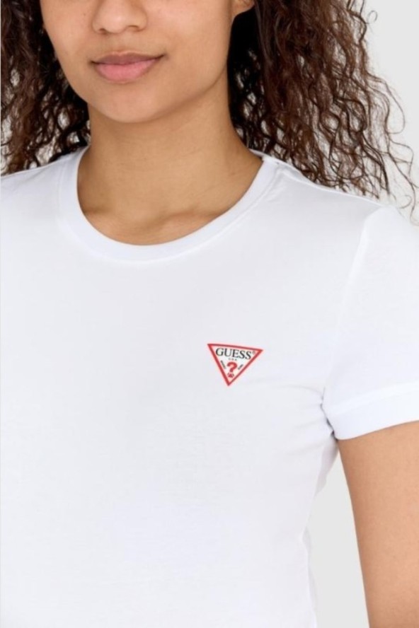GUESS Biały damski t-shirt bawełniany Mini Triangle Tee, Rozmiar XS