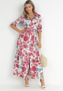 Biała Sukienka Koszulowa z Rozcięciem w Kwiaty Vethere