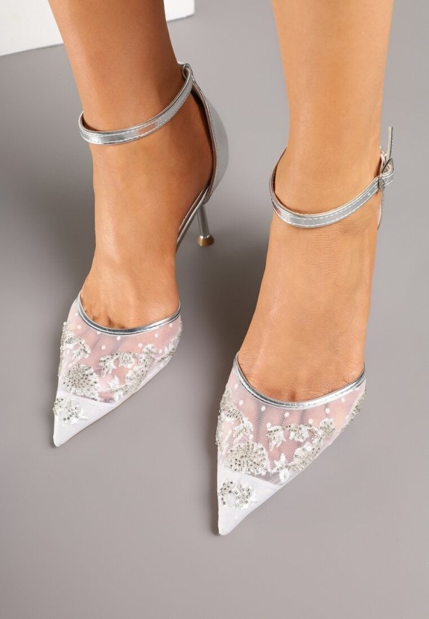 Srebrne Sandały z Transparentną Siateczką i Cekinami na Szpilce z Zapięciem wokół Kostki Olithwena