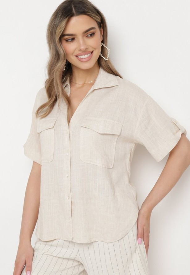 Jasnobeżowa Koszula Bawełniana z Lnem Zapinana na Guziki Surveni