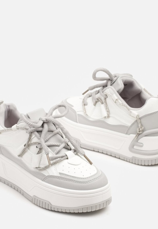 Biało-Szare Sneakersy na Platformie z Paskiem z Cyrkonii Aneolin