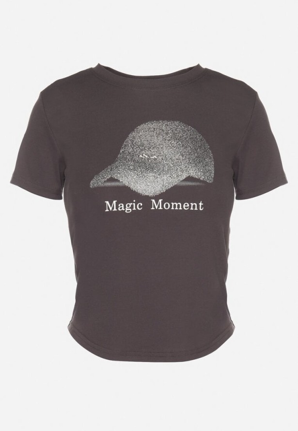 Ciemnoszary T-shirt z Bawełny z Nadrukiem Czapki i Cyrkoniami Penilna