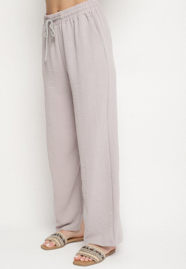 Jasnoszary Komplet z Wiskozą Koszulka z Krótkim Rękawem i Luźne Spodnie na Gumce z Kieszniami Efraline