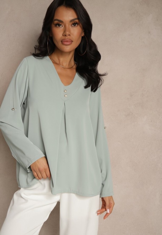 Jasnozielona Bluzka Trapezowa z Dekoltem w Kształcie Litery V i Podpinanymi Rękawami Morlimi