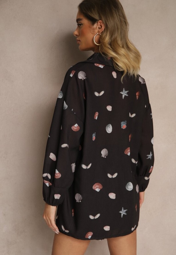 Czarny Komplet z Wiskozą Koszula i Szorty w Morski Print Reisoria