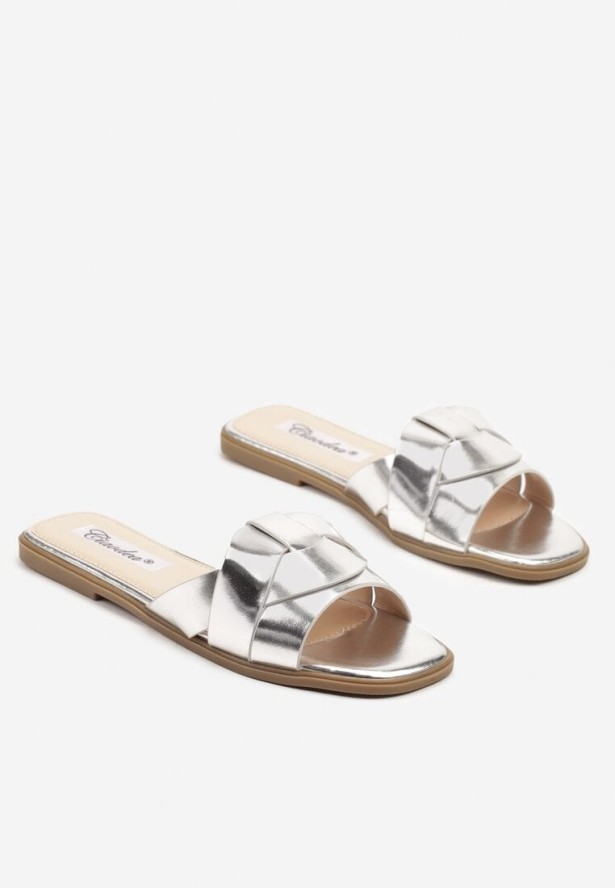 Srebrne Klapki na Płaskiej Podeszwie z Ozdobną Cholewką Tenoliea