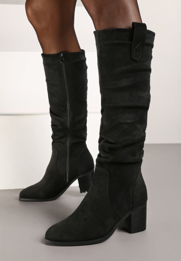 Czarne Kozaki Przed Kolano z Imitacji Zamszu na Słupku Sinojesa