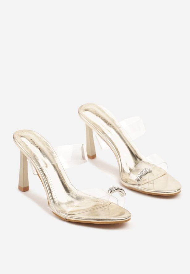 Złote Klapki na Szpilce z Przezroczystymi Paskami Salirea