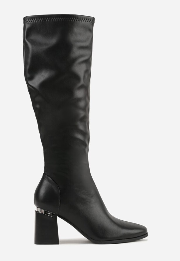 Czarne Klasyczne Kozaki VICES na Słupkowym Obcasie z Metaliczną Aplikacją Rannora