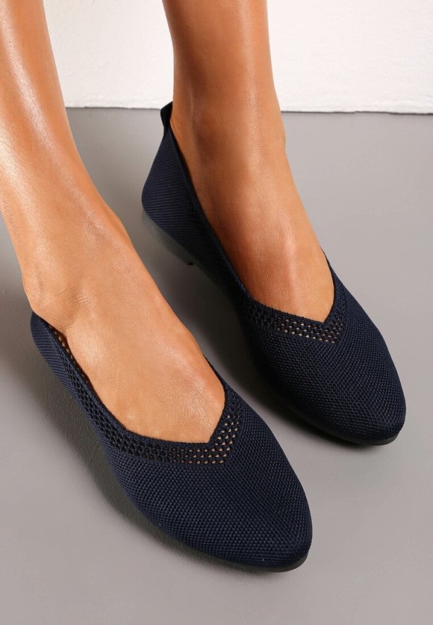 Granatowe Plecione Balerinki z Ażurowymi Wycięciami Jene