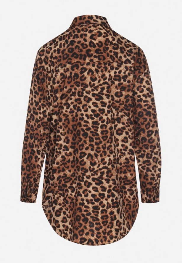 Brązowa Panterkowa Koszula z Bawełną z Regulowanymi Rękawami Nlinntia
