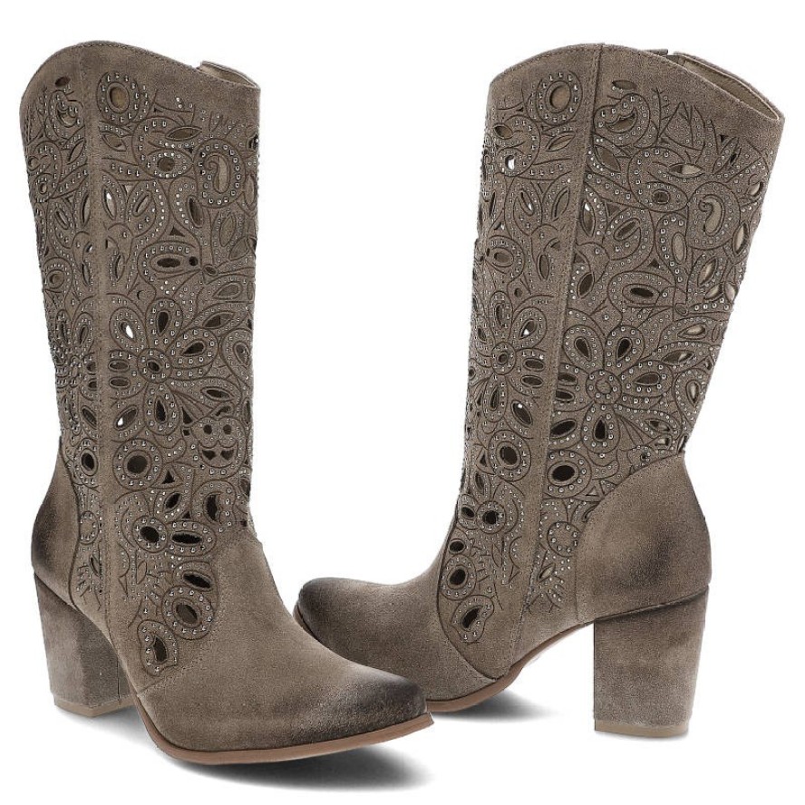 Kowbojki damskie Exquisite, ażurowa cholewka z dekoracyjnym wycinaniem naturalna faktura materiału stabilny obcas, taupe, 1289