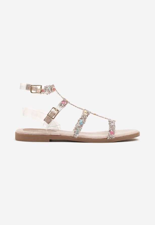 Beżowe Sandały Rzymianki Ozdobione Cyrkoniami Lovianne