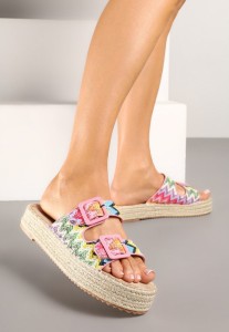 Różowe Klapki na Grubej Plecionej Podeszwie z Geometrycznym Wzorem Tyssedi