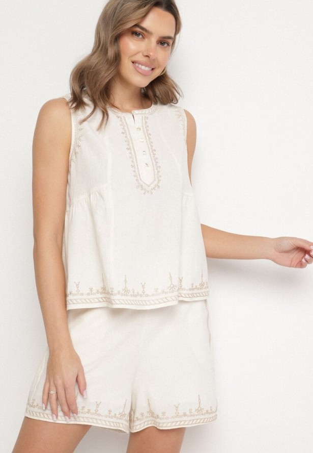 Jasnobeżowa Bawełniana Bluzka Bez Rękawów z Baskinką i Haftem Koritara