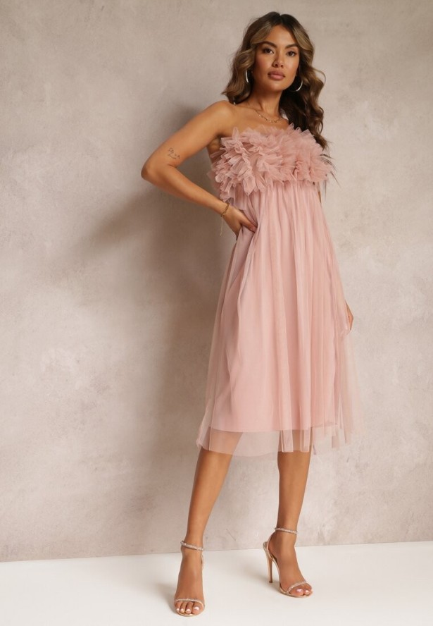 Różowa Tiulowa Sukienka bez Ramiączek z Falbankami Tremone