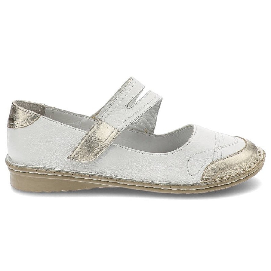 Półbuty damskie Lanqier, na płaskiej podeszwie i zapinane na rzep, białe ze złotym, 40C1221