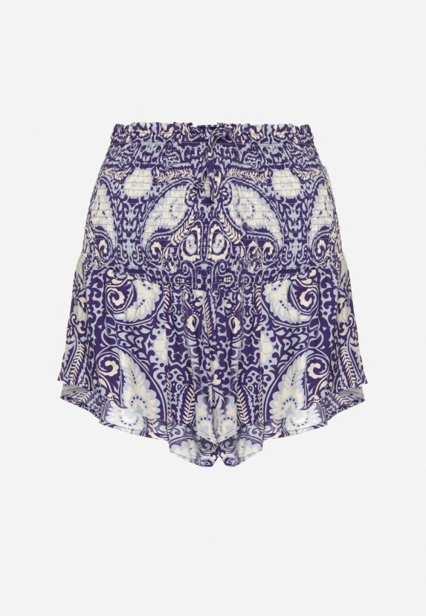 Niebieskie Szorty z Bawełny z Wysokim Stanem i Gumkami w Talii we Wzór Paisley Jenanellis