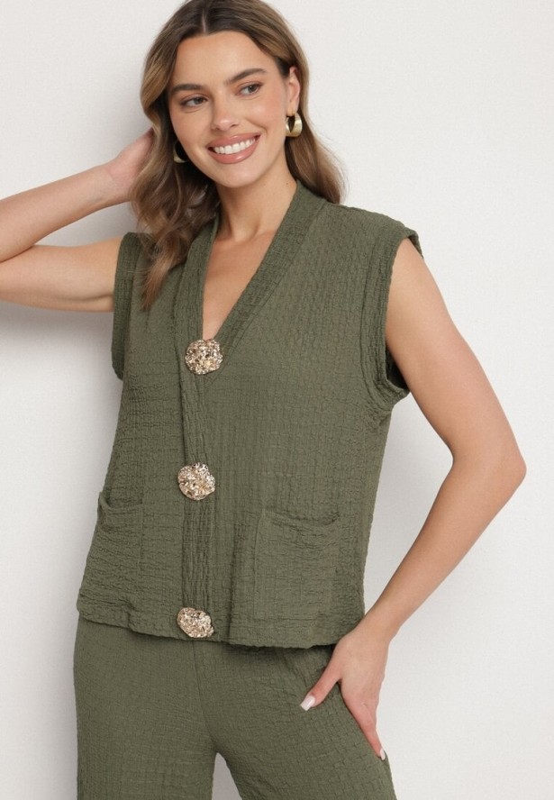 Ciemnozielony Komplet Bluzka Bez Rękawów Zdobiona Broszkami i Szerokie Spodnie Sadaniae