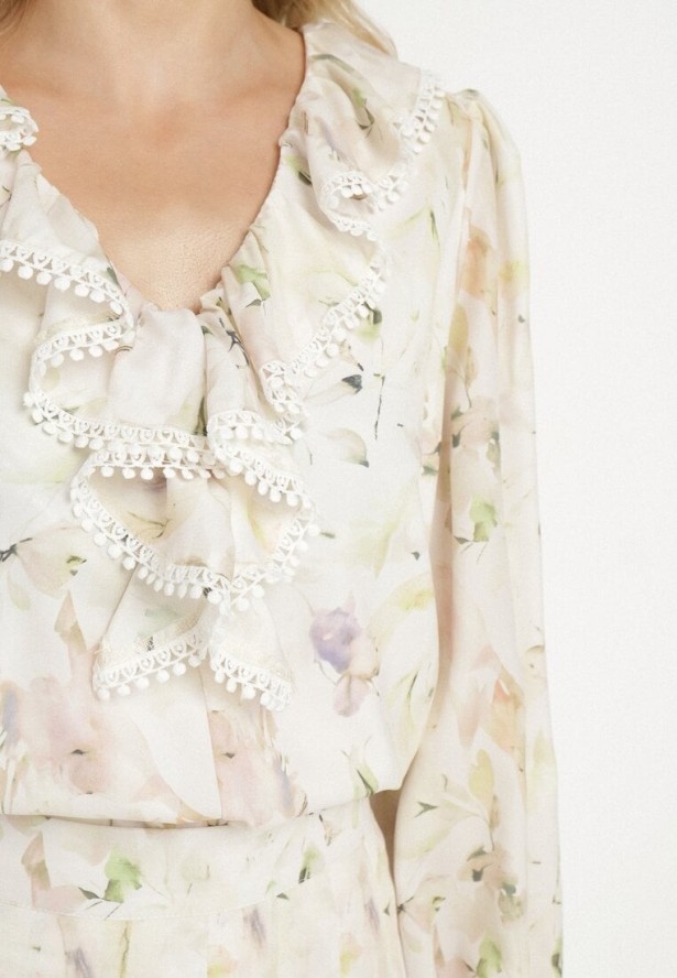 Beżowo-Żółty Wiskozowy Komplet z Falbankami Bluzka i Spódnica Istebia