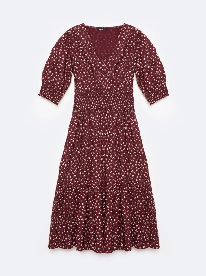Sukienka damska midi z wiskozy z motywem kwiatowym bordowa Sheri 604