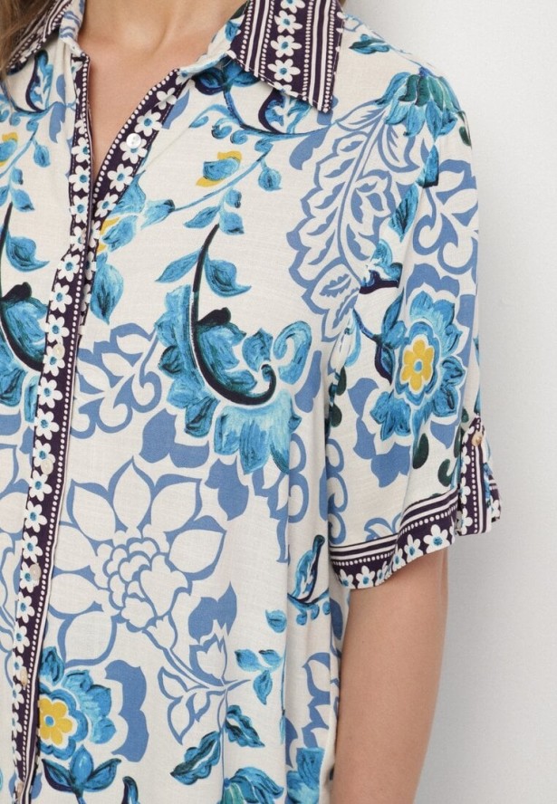 Niebieska Koszula z Wiskozy w Kwiatowy Wzór Milineira