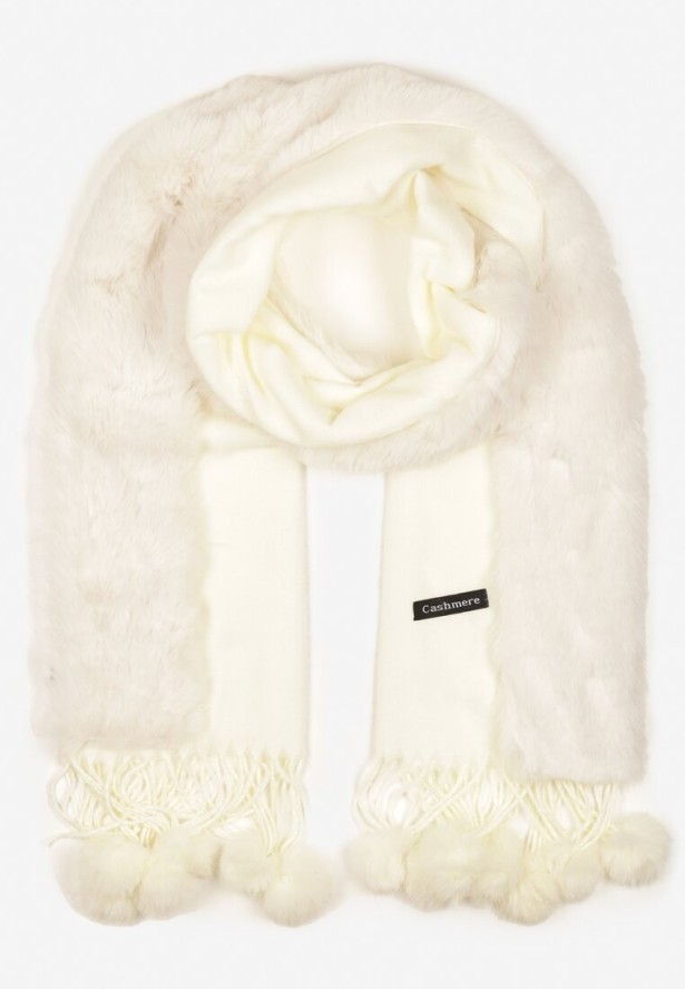 Beżowy Szeroki Szalik Narzutka z Pomponami i Futerkiem Naqila