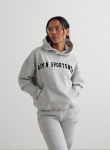 Damska bluza z kapturem, drapany polar, luźny Varsity Sweat Hood szary melanż