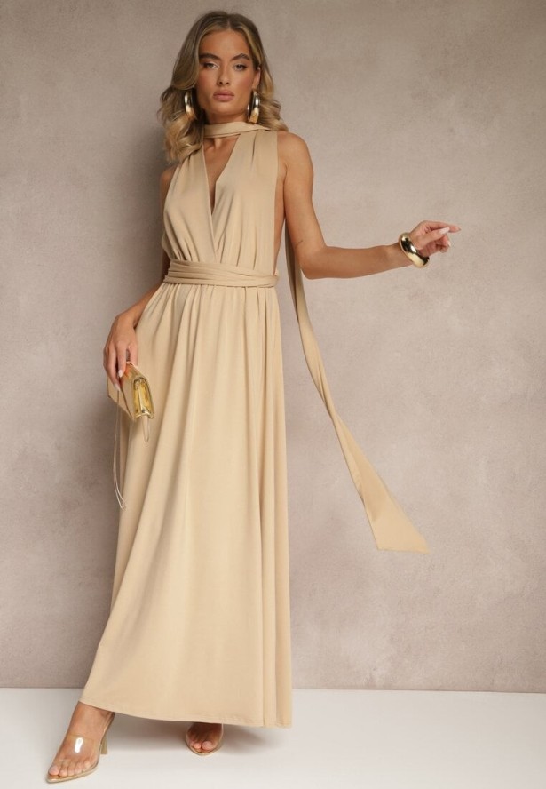 Beżowa Sukienka Koktajlowa Multiway z Wiskozą Wiązana na Szyi Lilovea