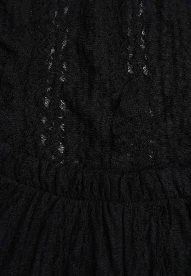 Czarny Eteryczny Komplet z Koronką i Falbankami Top i Spodnie Wide Leg Pretilaine