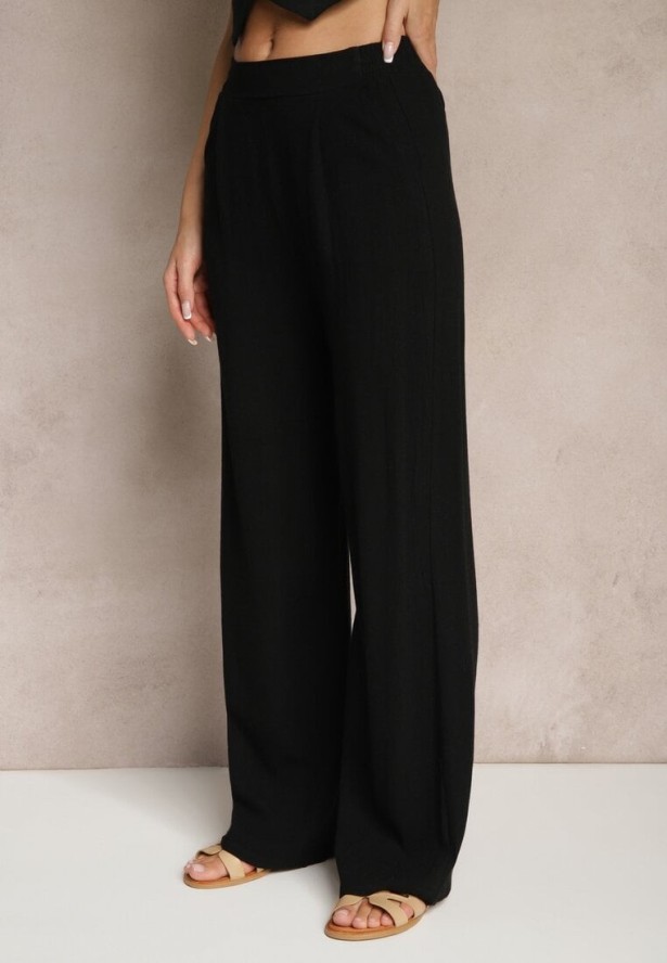 Czarne Spodnie z Lnem i Bawełną o Szerokim Kroju High Waist Sallieta