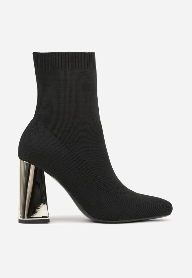 Czarno-Złote Eleganckie Botki VICES na Słupku ze Skarpetkową Cholewką Rasoria