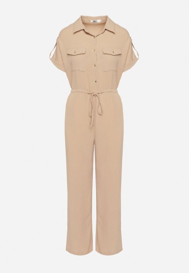 Beżowy Kombinezon o Koszulowym Kroju z Krótkim Rękawem i Wiązaniem w Talii Mareriela