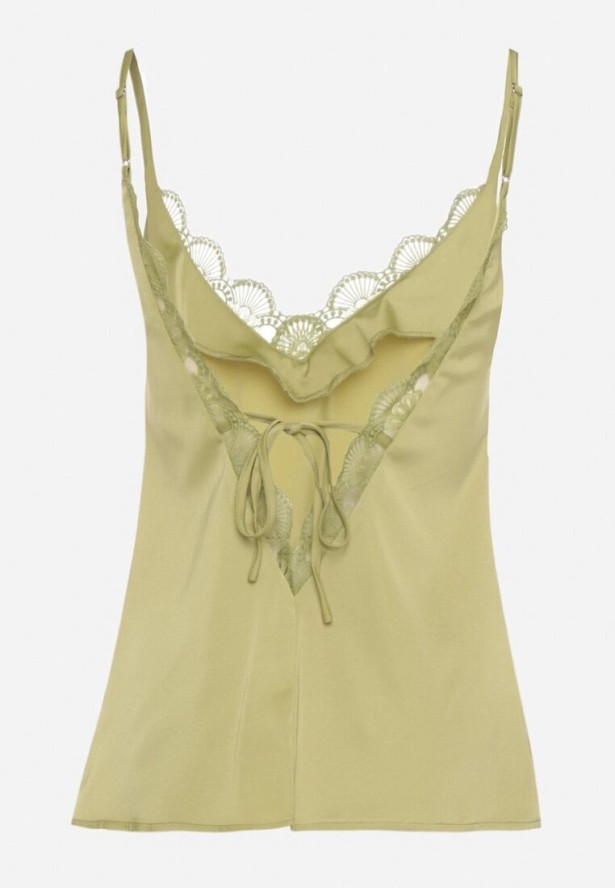 Zielona Bluzka na Ramiączkach z Delikatną Koronką i Wiązaniem Deseniela