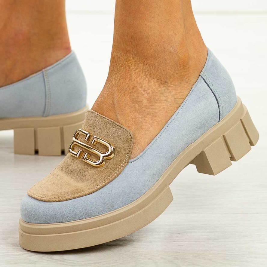 NIebiesko beżowe zamszowe Polskie mokasyny damskie Deoni D001