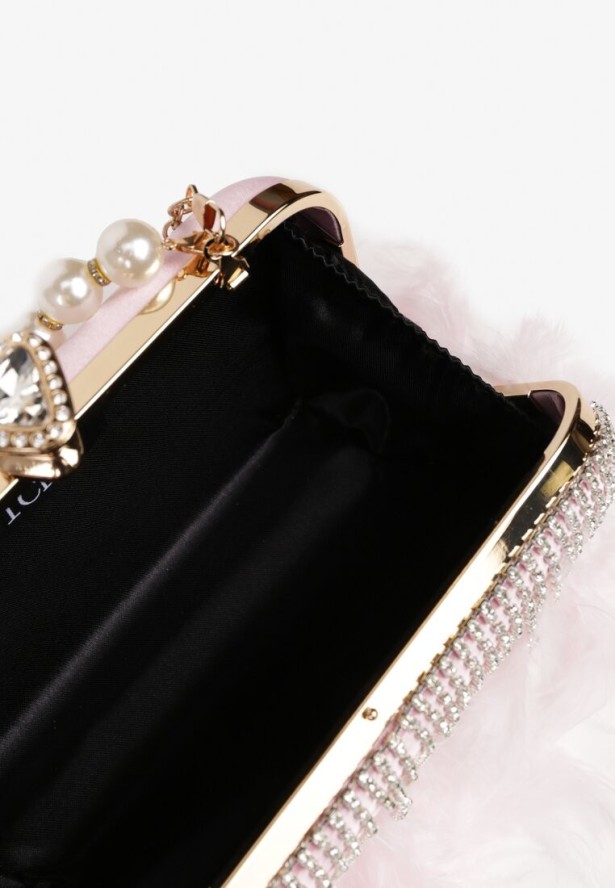 Różowa Torebka Kopertówka Vices z Perłową Rączką Piórami i Łańcuszkiem Feselissa
