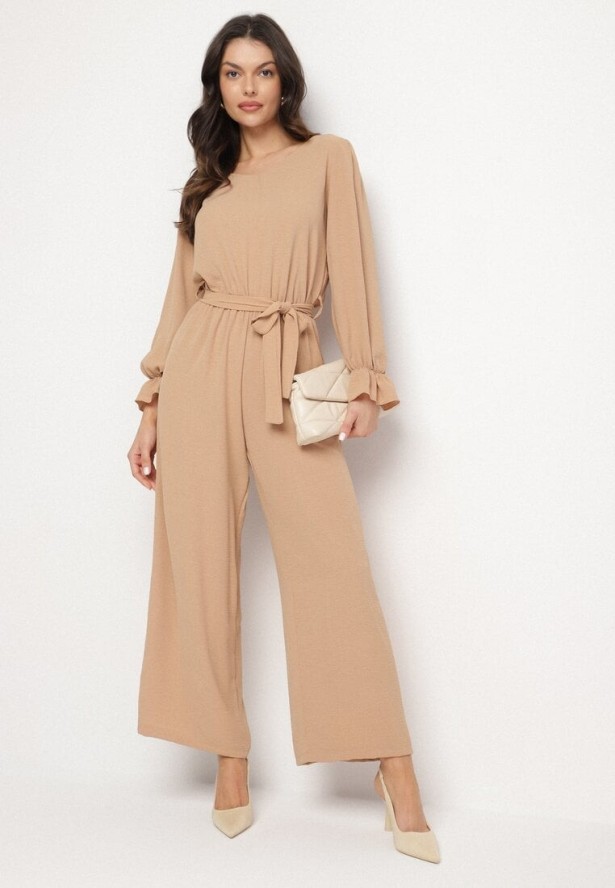 Beżowy Długi Kombinezon z Gumką w Pasie Wiązany na Plecach Kailanis