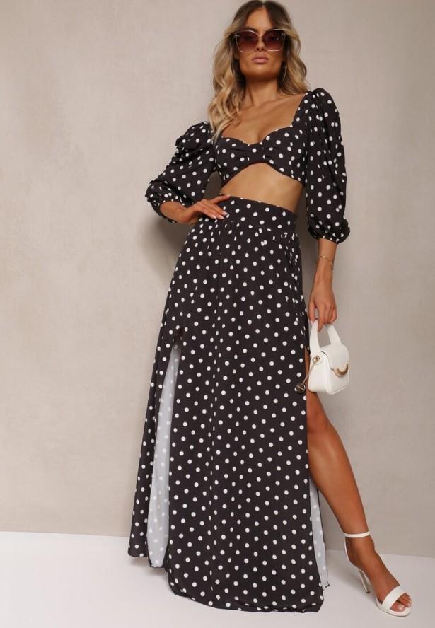 Czarny 2-Częściowy Komplet w Kropki Krótki Top z Dekoltem Spódnica z Gumką w Talii Wandrea