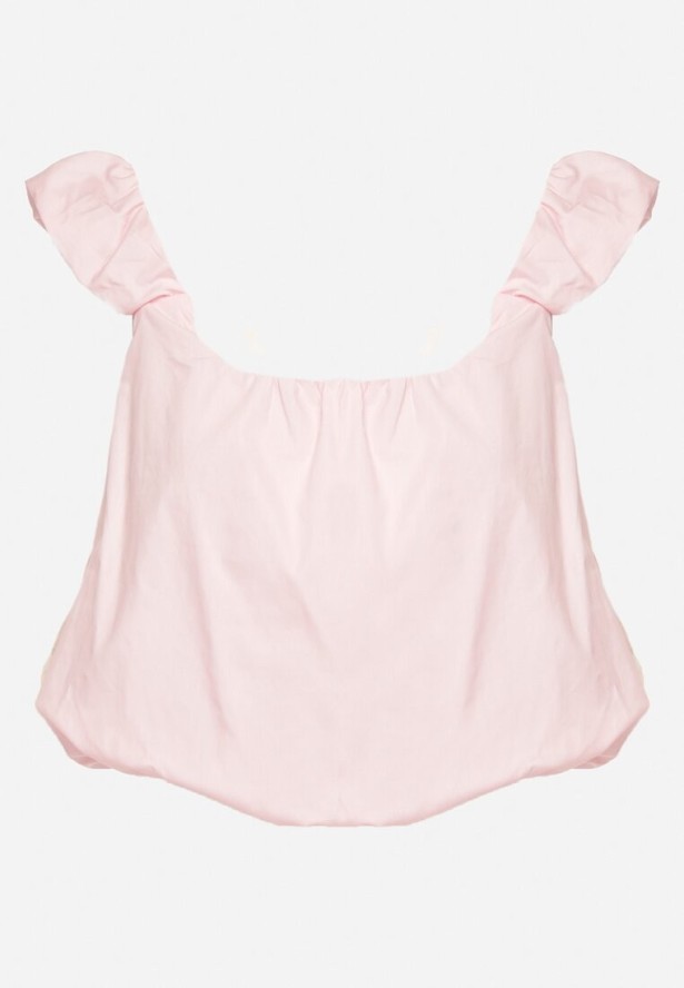 Różowy Bufiasty Top z Bawełny na Ramiączkach z Marszczeniem Sepoliva