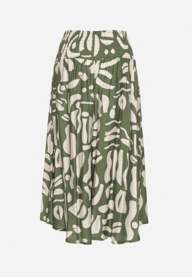 Zielone Szerokie Spodnie Kuloty z Gumką w Pasie i Geometrycznym Wzorem Virtebia