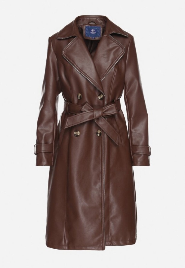 Brązowy Dwurzędowy Płaszcz Trencz z Imitacji Skóry z Wiązanym Paskiem Nilovessa