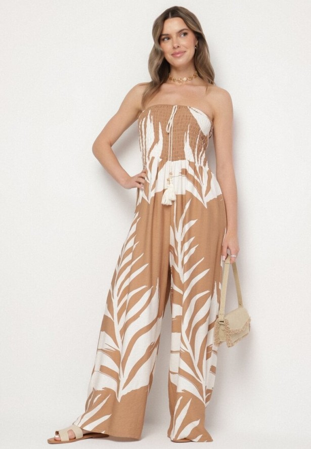 Beżowy Kombinezon z Wiskozą i Lnem Ozdobiony Wzorem LIści Fevisaie