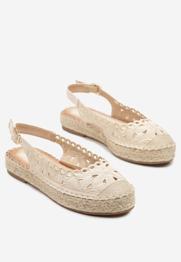 Beżowe Sandały Espadryle Slingback z Plecionką i Ażurową Cholewką Loriene