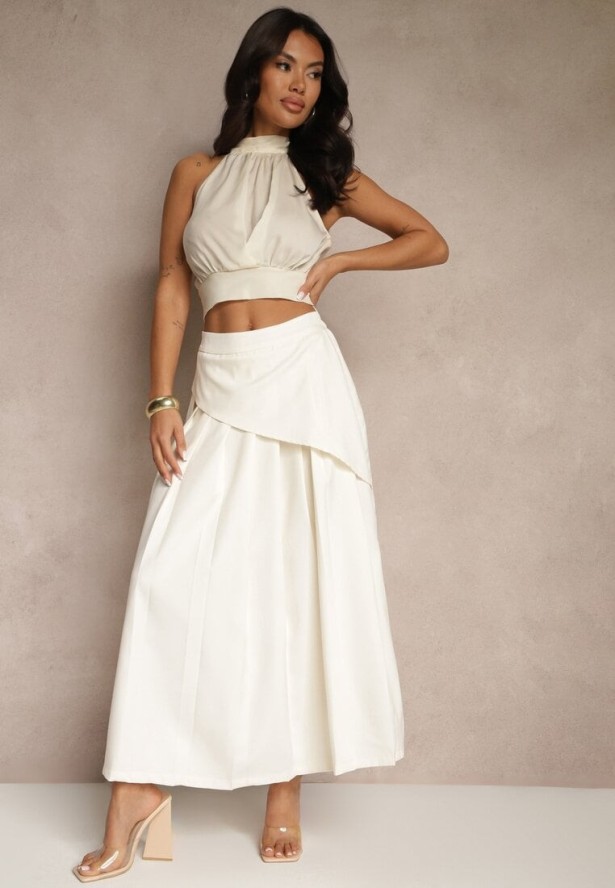 Beżowa Asymetryczna Spódnica Plisowana z Bawełną i Wiskozą Natunelia