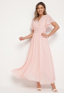 Jasnoróżowa Kopertowa Sukienka Maxi z Gumką w Pasie Narlin